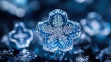 Close-up of intricate snowflake, winter scene, background blur, nature photography photo