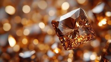 Sparkling brown gemstone, levitating, bokeh background, jewelry advertising photo