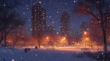 Snowy city park at night, illuminated buildings in background, winter scene, ideal for calendar photo