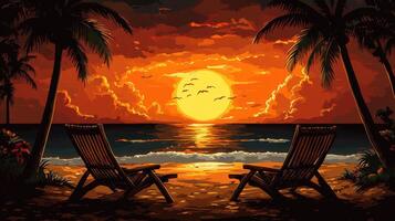 Tropical sunset beach chairs ocean relaxation photo