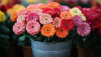 Colorful gerbera daisies in metal bucket, garden background, floral arrangement, stock photo