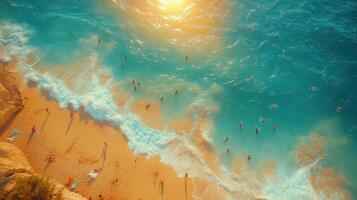 Aerial view sunny beach, turquoise ocean, swimmers, waves, summer vacation photo