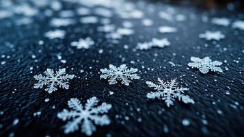 Winter snowflakes on dark surface, close-up. Background blurred. Ideal for holiday cards photo