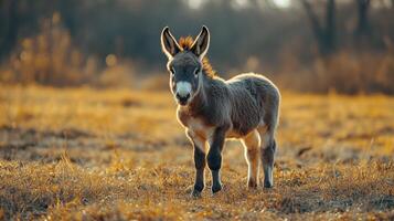 Donkey foal in autumn field, sunset backdro farm animal portrait photo