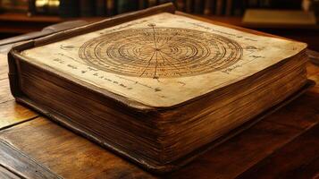 Antique book, celestial chart, library, wooden table, history photo