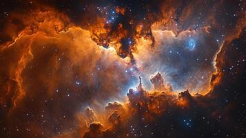 Cosmic Nebula, fiery orange hues, star clusters, dark space background, astronomy image photo