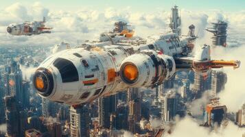 Futuristic spaceship flying over a cloudy city photo