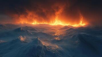 Fiery volcanic eruption in icy landscape, apocalyptic background, disaster concept photo