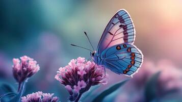 Butterfly feeding on flower, garden sunset photo