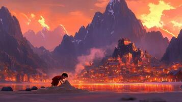 Child plays on beach, sunset over mountain village photo