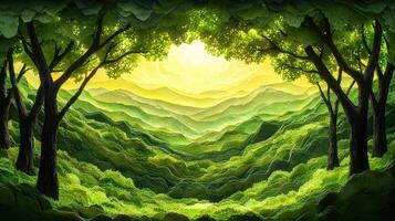 Lush green valley sunset, mountain view, nature scene, idyllic landscape, tranquil background photo