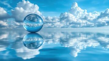 Crystal ball reflecting sky, clouds, water. Serenity, peace, nature photo