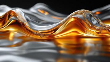 Golden oil waves reflecting light, dark background, liquid texture, industrial use photo
