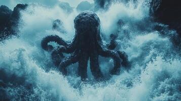 Kraken emerges from stormy ocean waves photo