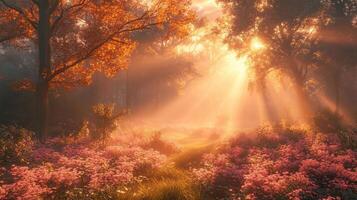 Sunbeams through autumn forest, pink flowers, misty morning, nature scene, wallpaper photo