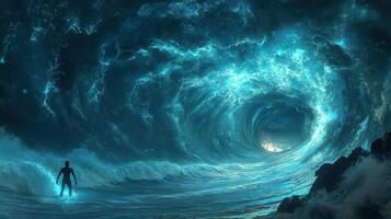 Man facing swirling ocean vortex, night, fantasy art, concept art photo