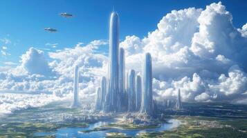 Futuristic city skyscrapers, cloudscape, aerial view, utopian design, architecture photo