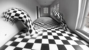 Checkered floor hallway surreal art, abstract background photo
