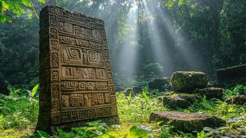 Ancient Mayan Stele in Jungle, Sunbeams, Ruins photo
