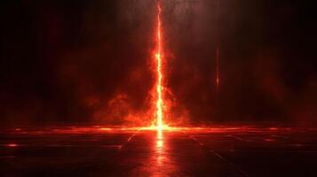 Fiery pillar, dark floor, smoky background, fantasy scene photo