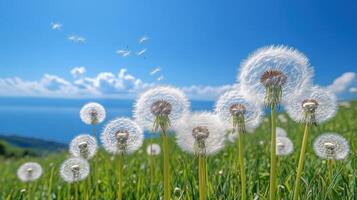 Dandelions seeds blowing in spring breeze, coastal view photo