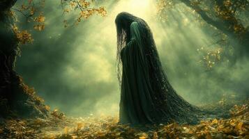 Woman in robe, autumn forest, mystical, fantasy art photo