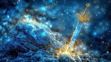 Magical sword in stone, fantasy night scene photo