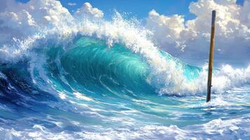 Ocean wave crashing, sunny sky, post in water, digital art, website banner photo