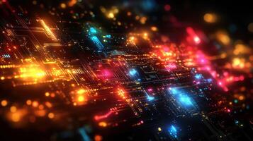 Abstract digital circuit board glowing neon lights photo
