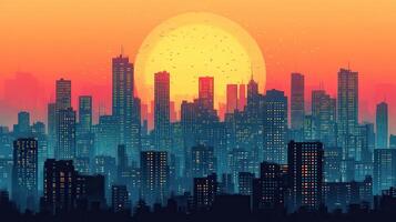 Sunset cityscape, skyscrapers, orange sky, birds, urban background, website banner photo