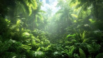 Lush tropical rainforest path, sunlight through canopy, background greenery, travel poster photo