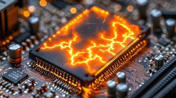 Overheating CPU, computer circuit board, glowing energy, technology photo