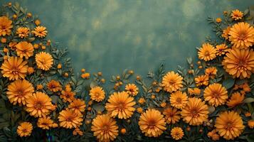 Orange paper flowers border, teal background, craft, design photo