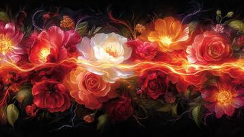 Fiery floral banner, roses and peonies ablaze, dark background, website header photo