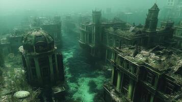 Submerged City Ruins, Foggy Waters, Underwater Architecture, Post-Apocalyptic Scene, Concept Art photo