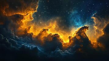 Fiery nebula cloudscape, cosmic background, space art, science fiction backdrop photo