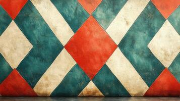 Vintage red teal diamond floor tiles, grunge background, design texture photo