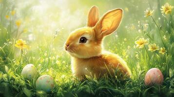 Easter bunny in spring meadow, pastel eggs photo