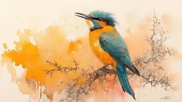 Colorful bird perched on branch, sunset background, nature art print photo