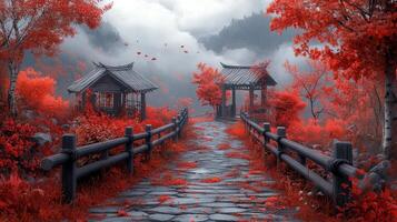 Autumnal path, red leaves, misty mountains, Asian architecture, serene landscape, ideal for travel posters photo
