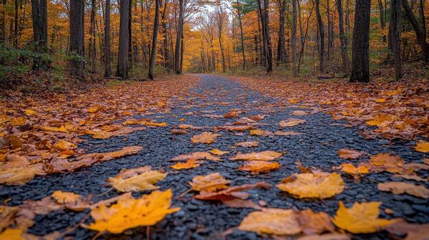Autumn path, forest trail, fall leaves, nature walk, scenic background, postcard image photo