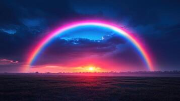 Vibrant sunset rainbow over misty field photo