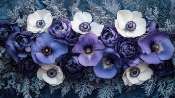 Elegant purple and white flower arrangement, flat lay, textured background, website banner photo