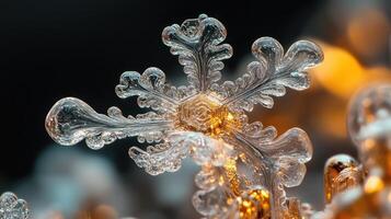 Intricate snowflake, winter macro, bokeh background, nature photography, holiday card photo