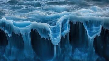 Ocean ice, freezing waves, coastal texture, dark blue, winter photo