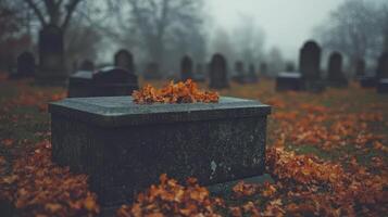 Autumn leaves on a grave in a misty cemetery photo