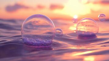 Sunset ocean bubbles, purple particles, calm water, dreamy background, website banner photo