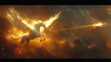 Fiery winged unicorn soaring, cosmic background, fantasy art photo