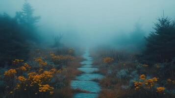 Misty mountain path, wildflowers, autumn, fog, scenic photo