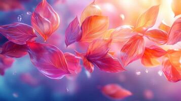 Pink leaves falling, sunset, bokeh background, nature, design photo